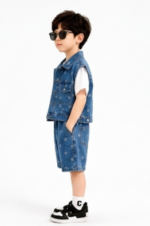 Kids' Star-Patterned Three-Piece Set(Blue) T-Shirt, Denim Vest  & Shorts - Image 2