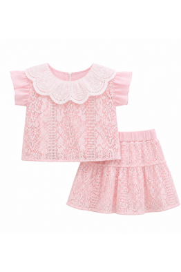 Girls' Pink Lace & Ruffle Two-Piece Skirt Set with side hanging pouch bag - Image 1
