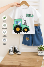 Boys White Build Tractor T-Shirt & Denim Shorts Set