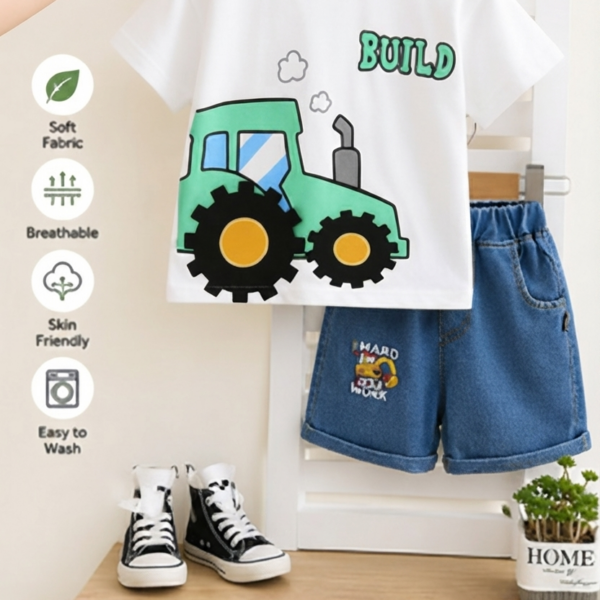 Boys White Build Tractor T-Shirt & Denim Shorts Set