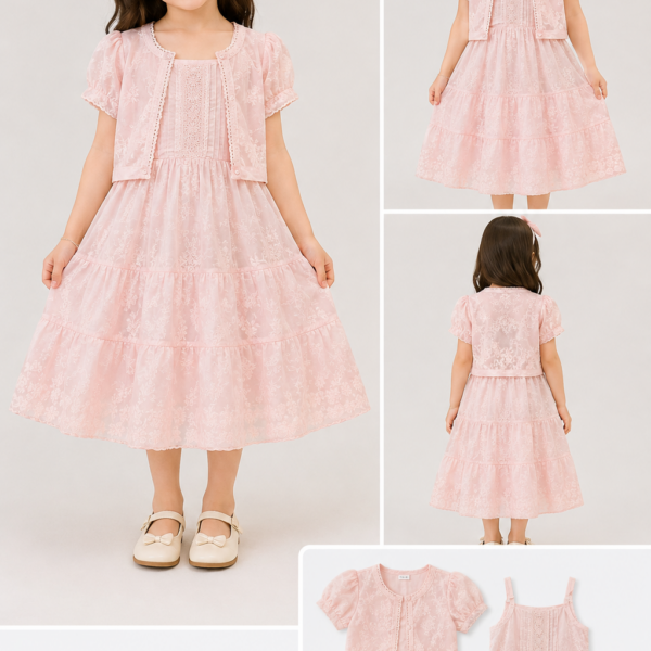 Rose Pink Flutter Sleeve Celebration Frock and Shrug Set