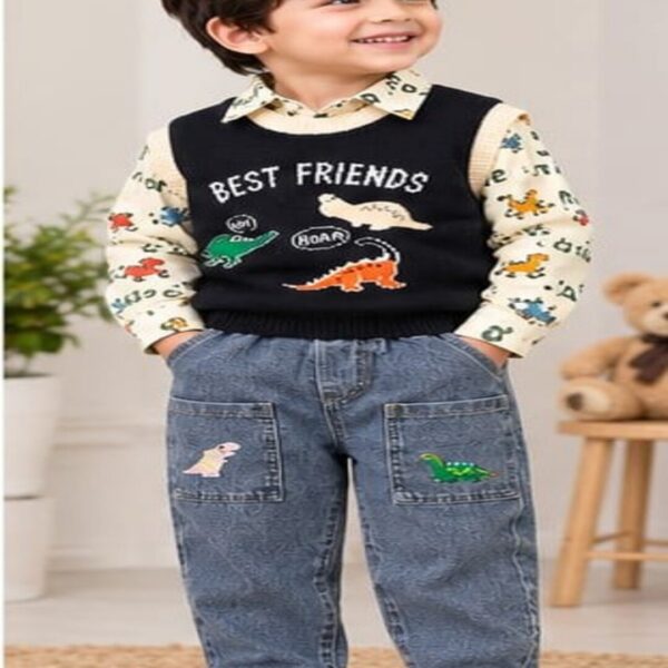 Boys 3-Piece Dinosaur Printed Shirt,  Sweater Vest & Denim Jeans Set