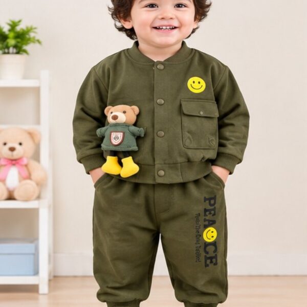 Cozy Bear Button Co-Ord Set- Olive Green