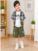 Boys 3-Piece Casual T-Shirt, Checked Shirt & Shorts Set