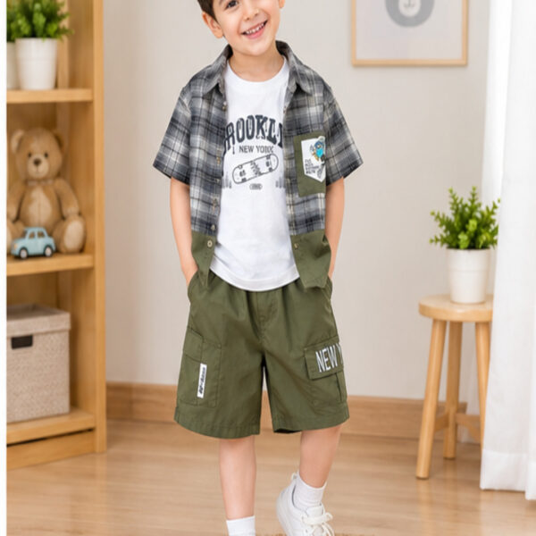 Boys 3-Piece Casual T-Shirt, Checked Shirt & Shorts Set